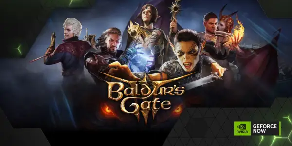 Postacie z Baldur's Gate 3 na tle miasta, gra dostępna w GeForce NOW.