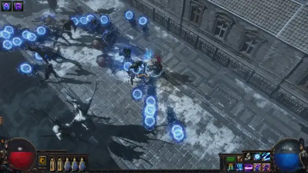 W grze Path of Exile, poe nowa liga, bohater walczy z hordą wrogów, używając magicznych kul energii.