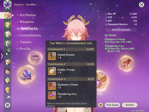 Yae Miko's recommended artifact sets: Gilded Dreams, Golden Troupe, Gladiator's Finale, Thundering Fury.