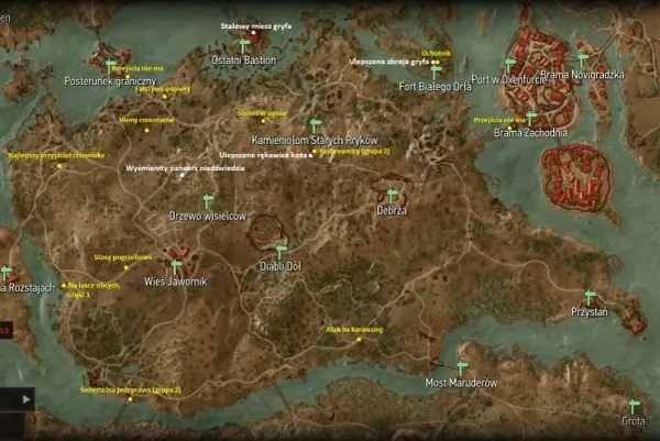 Mapa z Wiedźmina 3, z zaznaczonymi miejscami, w tym "Wyśmienity pancerz niedźwiedzia" - klucz do zdobycia zbroi Wiedźmin 3 niedźwiedzia.