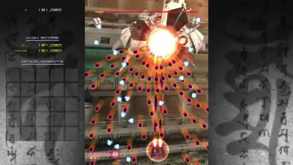 Statek kosmiczny walczy z hordą wrogów, unikając deszczu pocisków w grze typu bullet hell.
