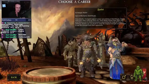 Wybór klasy Zealot w Warhammer Online. Postacie w mrocznych szatach i zbrojach, gotowe do walki.