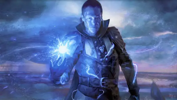 Mroczny mag uwalnia eldritch blast, niebieska energia rozświetla jego dłoń i otoczenie.