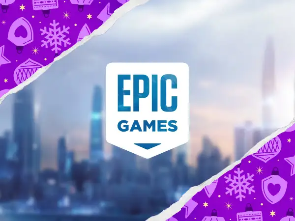 Logo Epic Games na tle miasta, otoczone świątecznymi ozdobami. Czyżby zapowiedź kolejnych epic games leaks?