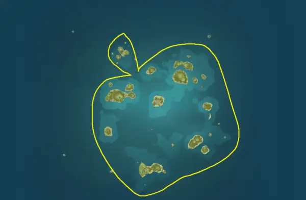 Mapa archipelagu wysp w kształcie jabłka, otoczona żółtą obwódką.