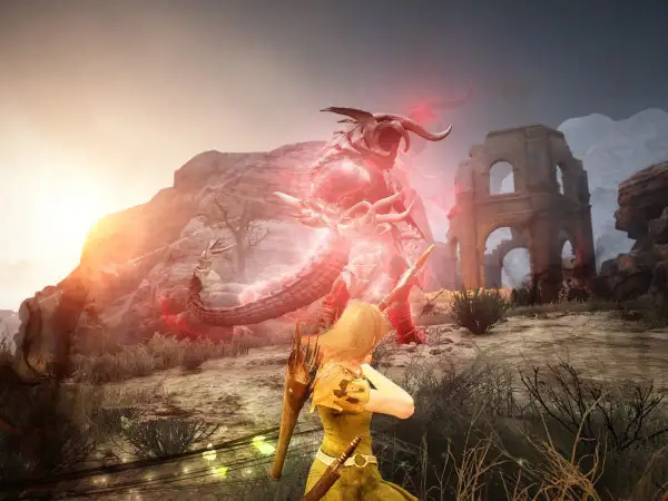 Łuczniczka walczy z potworem w świecie gry Black Desert, który można pobrać za darmo.