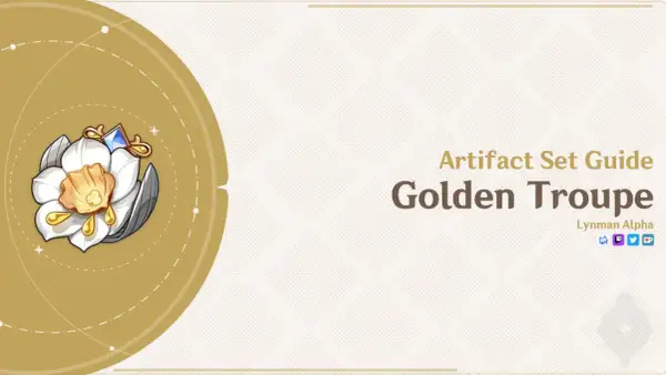 Przewodnik po zestawie artefaktów Golden Troupe z Genshin Impact. Biały kwiat z złotymi detalami.