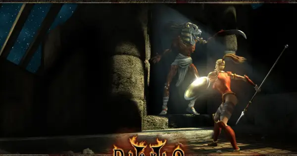 Wojowniczka z tarczą i włócznią walczy z potworem w masce faraona. To mroczna przygoda na ścieżce Diablo.