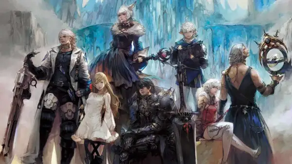 Postacie z Final Fantasy XIV, popularnego final fantasy mmo, pozują na tle lodowych krajobrazów.