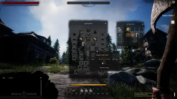 Gracz w grze "Reign of Guilds" przegląda ekwipunek, gdzie widzi spodnie "Ragged Solid Pants" i inne przedmioty.