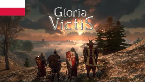 Rycerze w zbrojach patrzą na zachód słońca nad jeziorem. Polska flaga i logo "Gloria Victis" sugerują polski origin online.