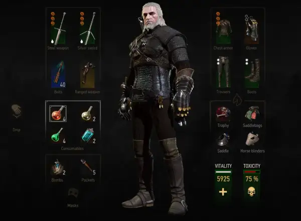 Geralt w zbroi Wróbla (Witcher 3 Viper Armor), z mieczami, eliksirami i ekwipunkiem.
