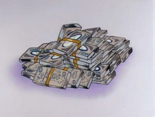 Góra pieniędzy, stos banknotów z napisem "100" i symbolami, jakby to były zeni.