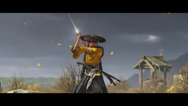 Samuraj w żółtej szacie z kataną w dłoni, gotowy do walki. Idealny kadr z najlepszych gier samurai.