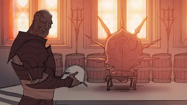 Mroczny wojownik w zbroi trzyma hełm, stojąc przed tronem. Scena z Dragon Age: Inquisition, gdzie smoki są zagrożeniem.